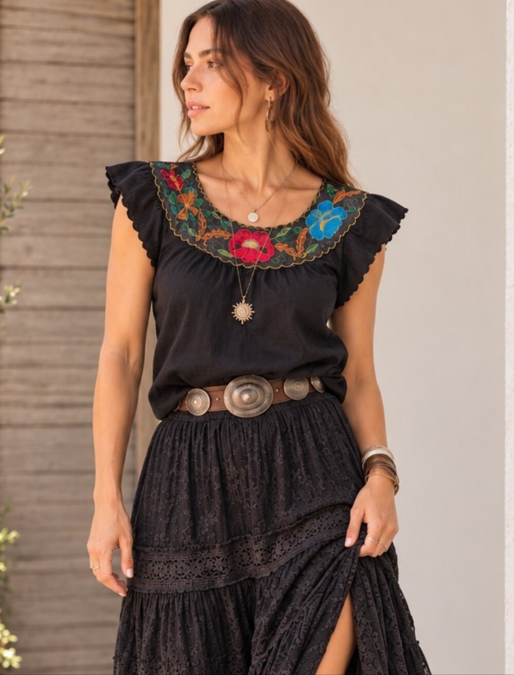 Vintage Tipicano Floral Embroidered Blouse 60s 70s Black Mexican Shirt Boho XS/S